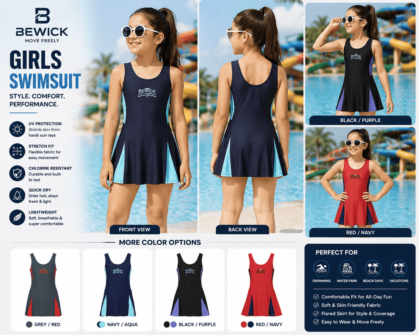 Girls' Flared-Skirt Swimsuit