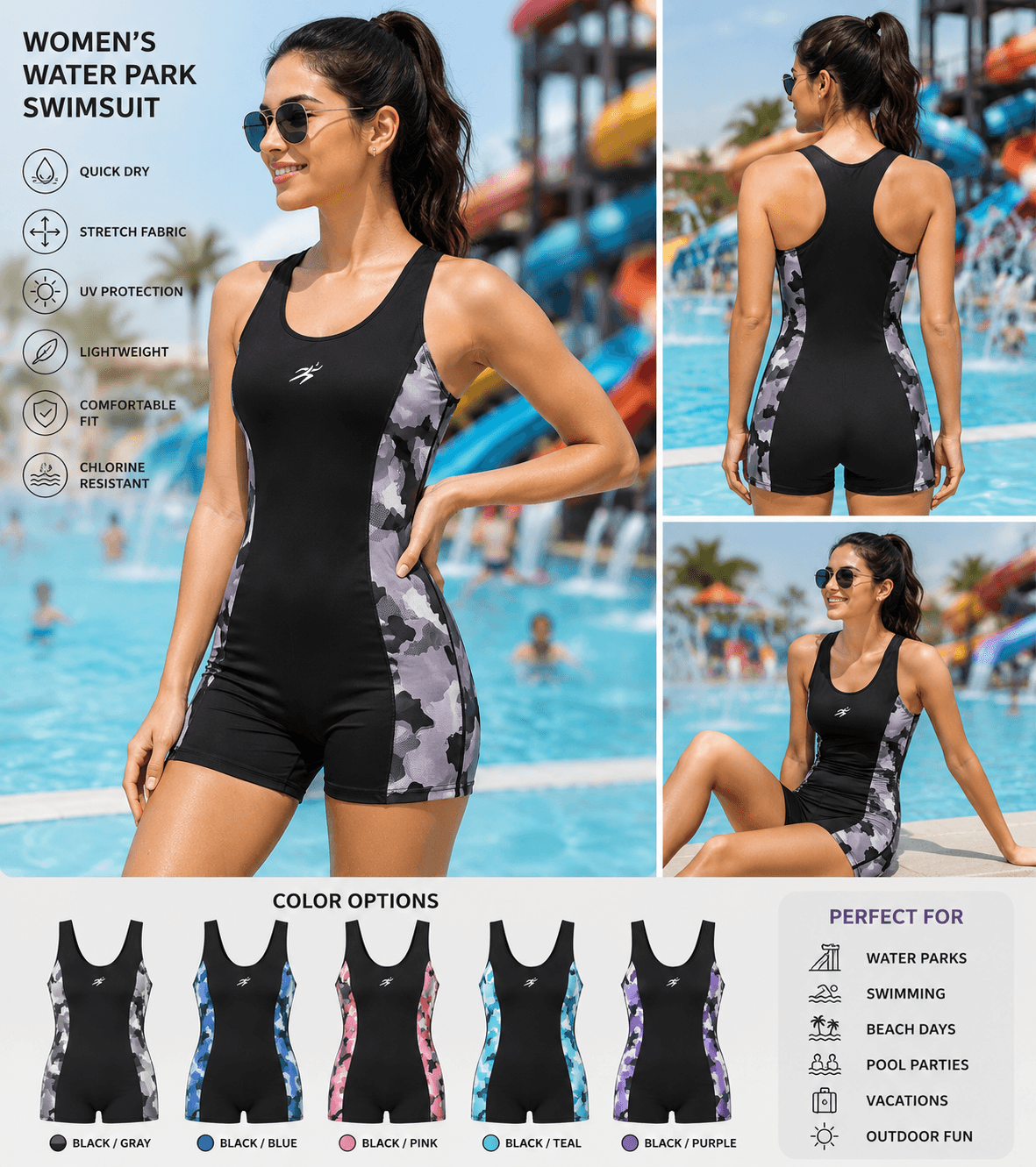 Women's Camo-Panel Romper Swimsuit